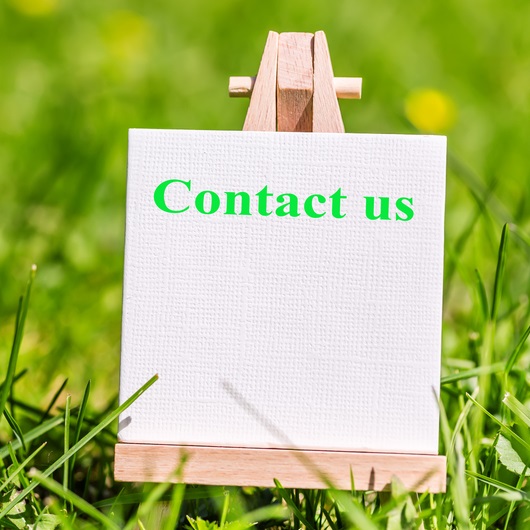In a grassy field there is a wooden easel with a white sign saying Contact us in green letters
