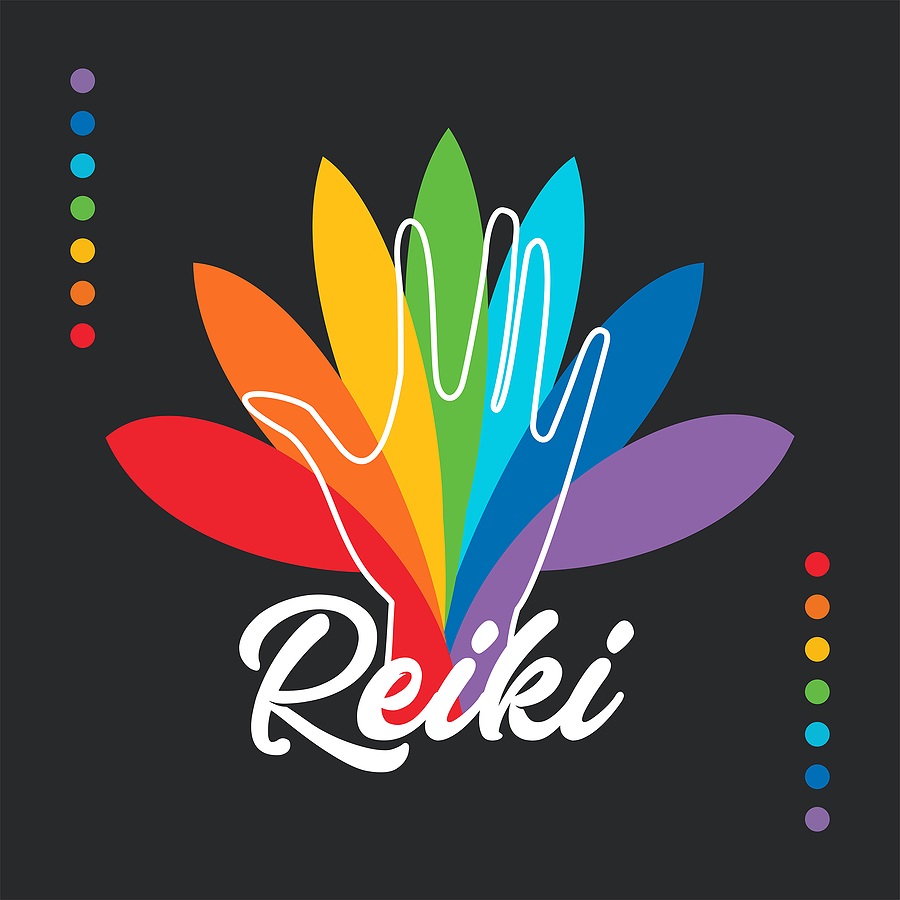 Against black background is the world Reiki and a hand in white with all colors of the rainbow behind the hand