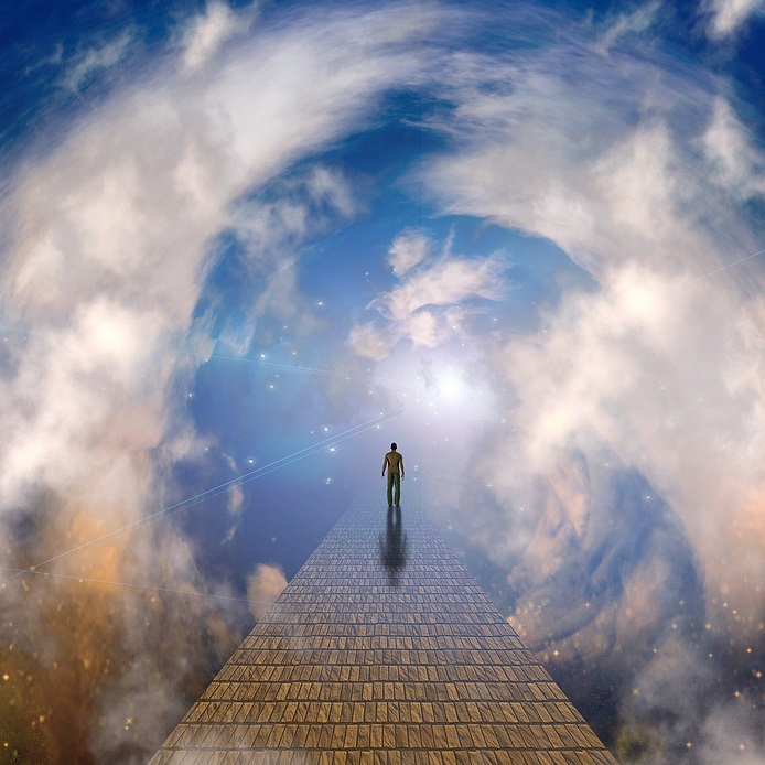 Figure walking through clouds toward light
