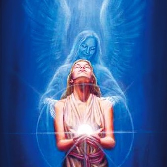 Woman looking upward with a transparent angel standing behind her that indicates channeling