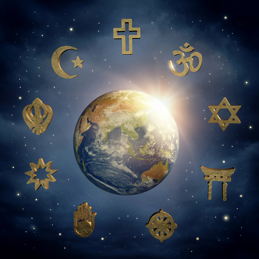 Earth surrounded by symbols of different religions