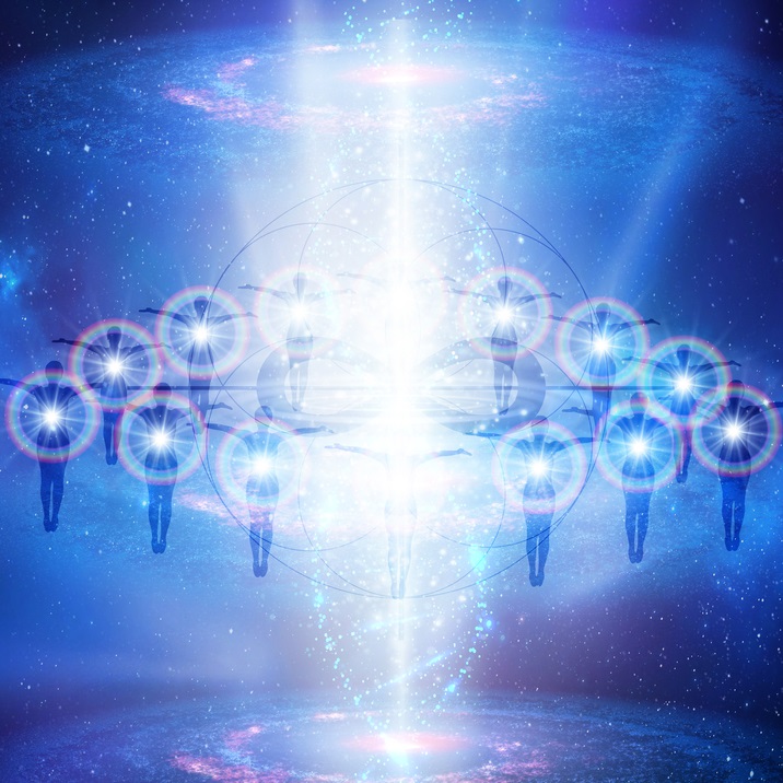 Numerous spiritual beings in field of white and blue light
