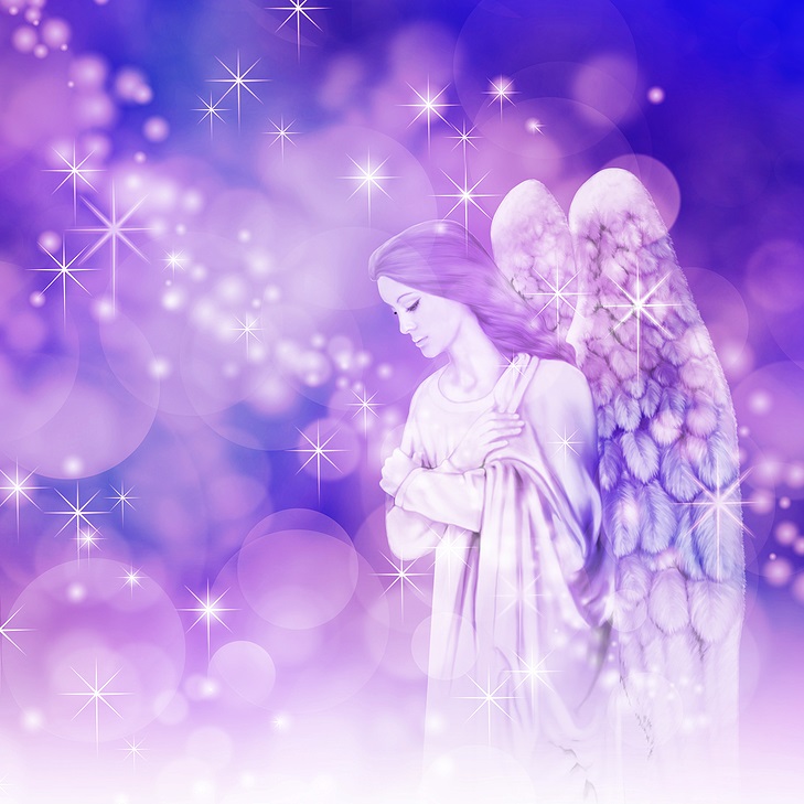 Beautiful angel surrounded in purple lights