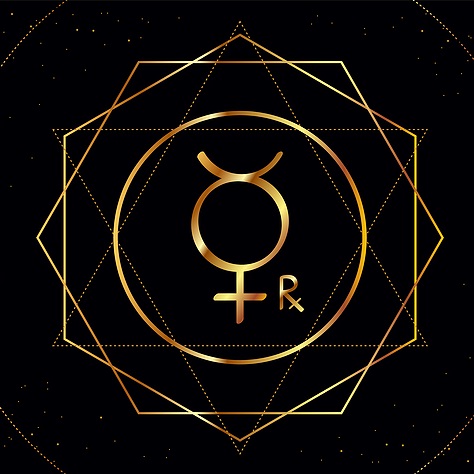 Symbol for Mercury Retrograde with concentric shapes around it in gold against a black background