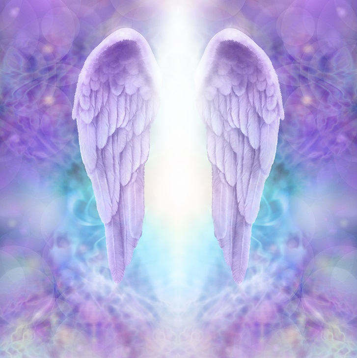 Beautiful white angel with lilac wings against sky of blue and violet clouds