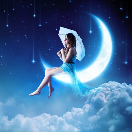 Fantasy picture of a woman holding an umbrella and sitting on a crescent moon against background of blue starry sky 