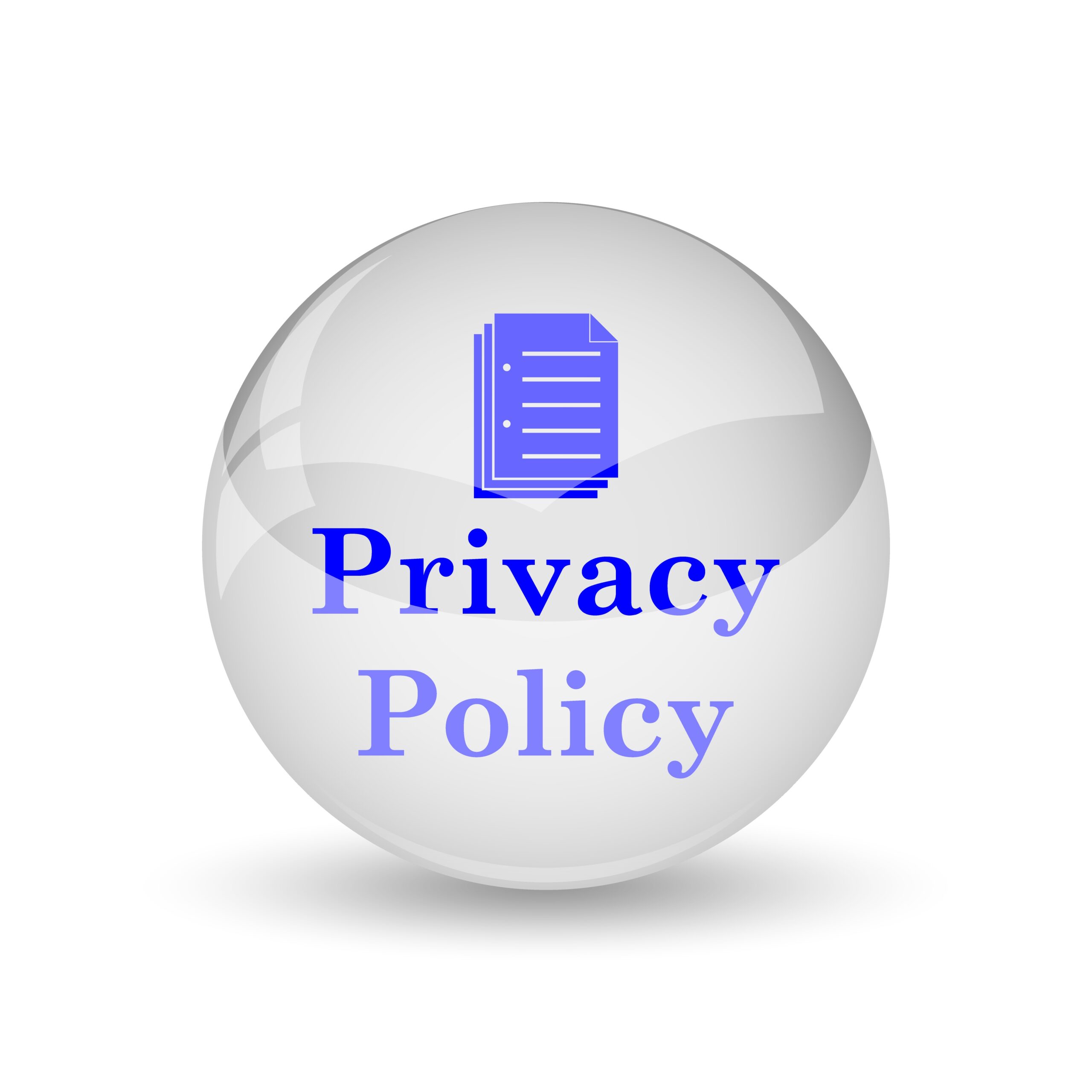 Grey ball showing the words Privacy Polcy in purple against a white background