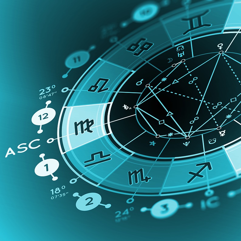 Astrological wheel in variouis shades of blue showing planets and aspects between them