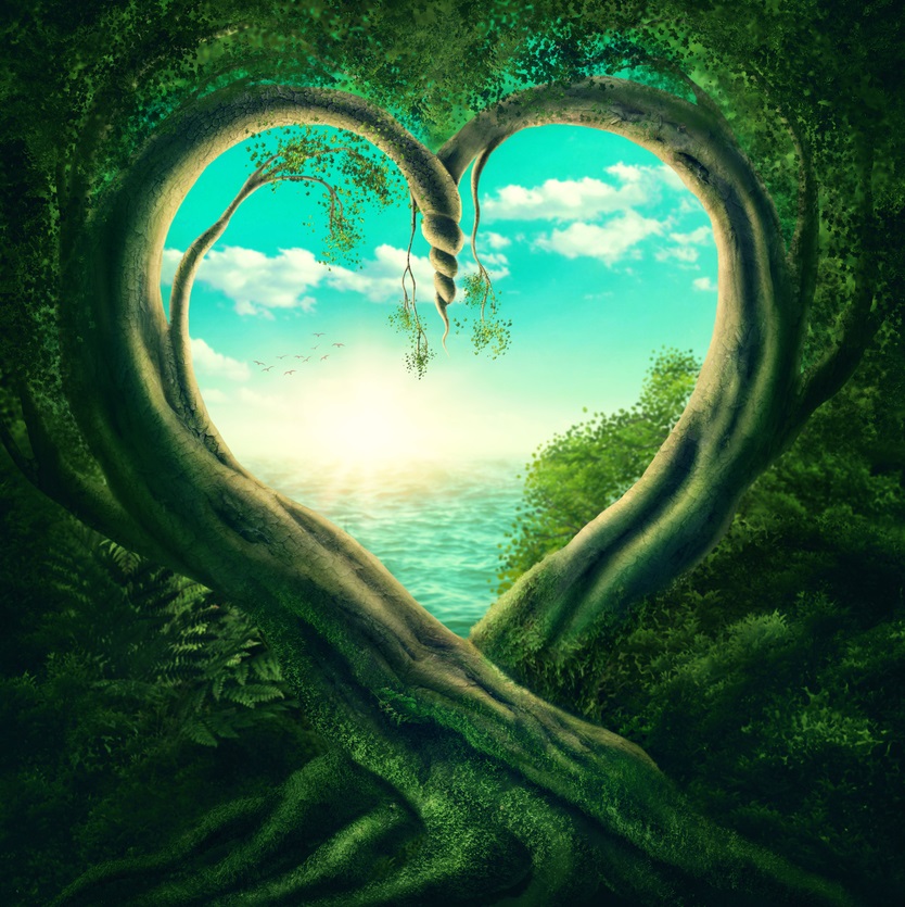2 intertwined trees creating a heart as a doorway to magical location using psychic abilities