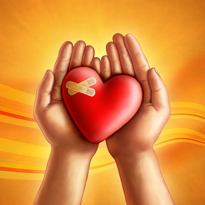 Illustration of 2 hands holding a large heart with Band-Aids on it against a golden background