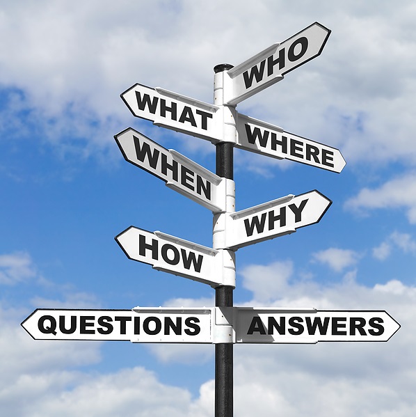 Sign post with words who, what, where, when, why, how, questions and answers, with free definitions provided to help