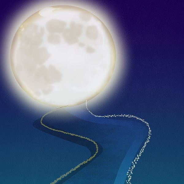 Starlit pathway leading to brilliant full moon against dark blue sky