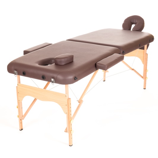 Picture of a brown massage table with head and arm rests