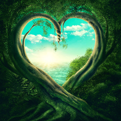 2 intertwined trees creating a heart as a doorway to magical location