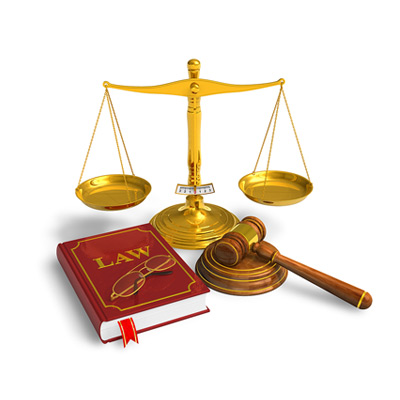 Scales of justice, legal book, and gavel on white background