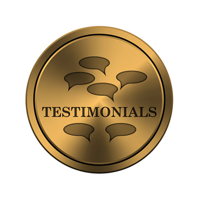 Shiny metallic golden seal with the word Testimonials on it
