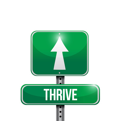 Green road sign with word Thrive and arrow pointing straight ahead against white background